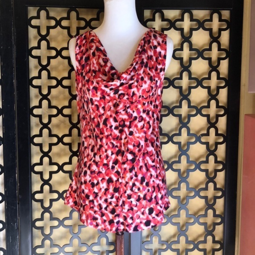 CLASSIQUES ENTIER Red Black Animal Print Sleeveless Cowl SILK BLOUSE Small
